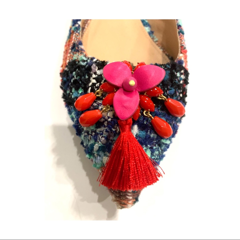 JCrew Audrey flats with embellished tweed fringes